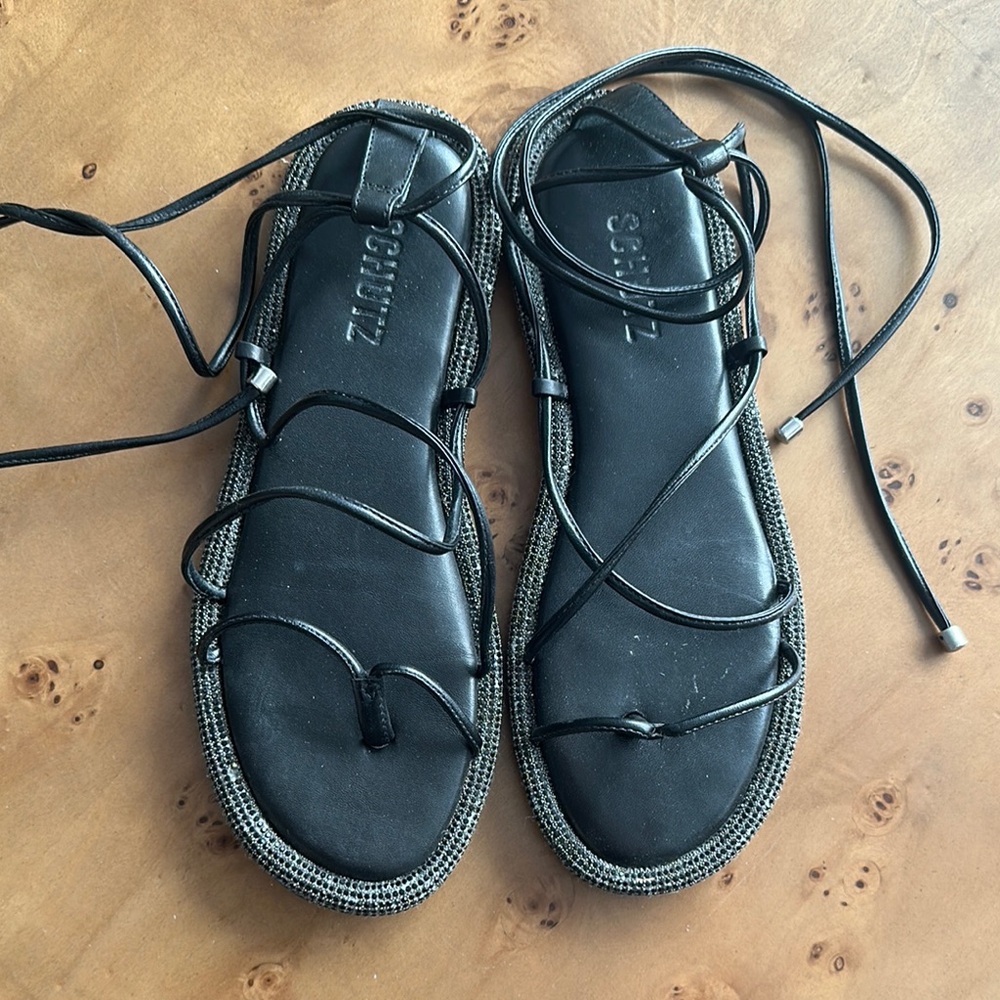 SCHUTZ Black Strappy Sandals with Ankle Laces